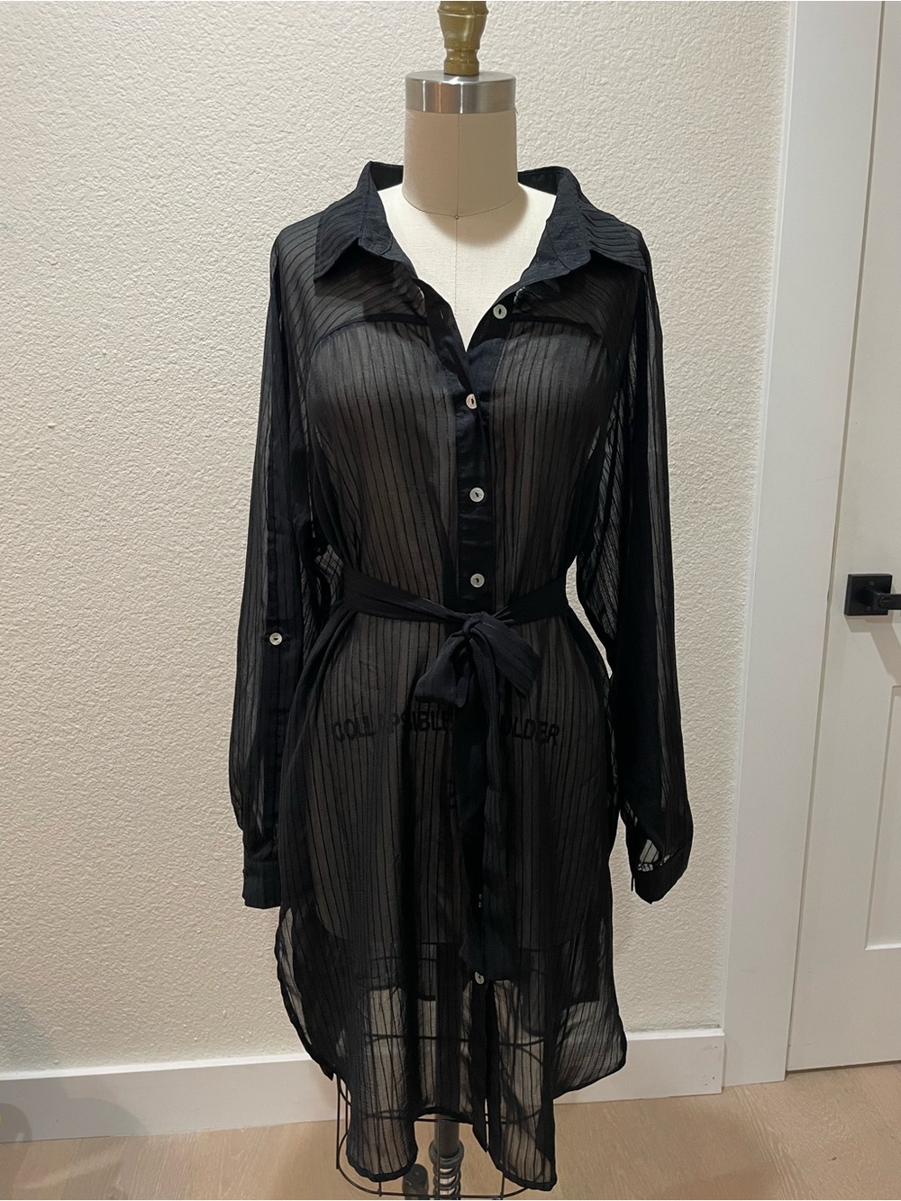 Sheer Black Shirt Dress, Long-Sleeves Fits S/M/L